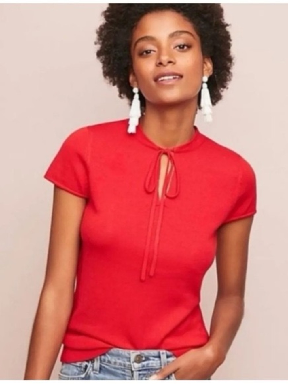 Anthropologie Ett Twa Red Tie-Neck Merino Red Sweater Top